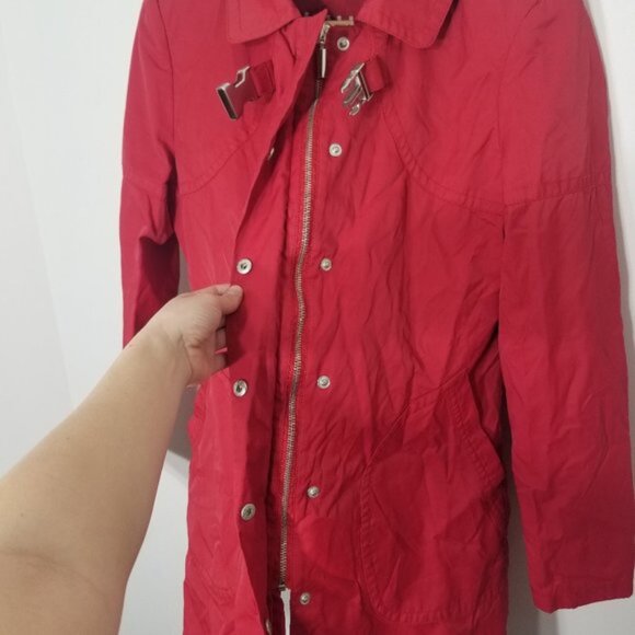 Suka Bright Red Snap Zip Front Coat Lined Jacket Cotton Blend Trench Buckle Med - Picture 5 of 14